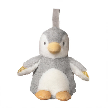 The Nuby Penguin Sleep Aid with Cry Sensor is a plush toy with grey and white fur, yellow feet and beak, gold glittery wings, and a fabric hanging loop—perfect for soothing your baby to sleep. Shown on a white background.
