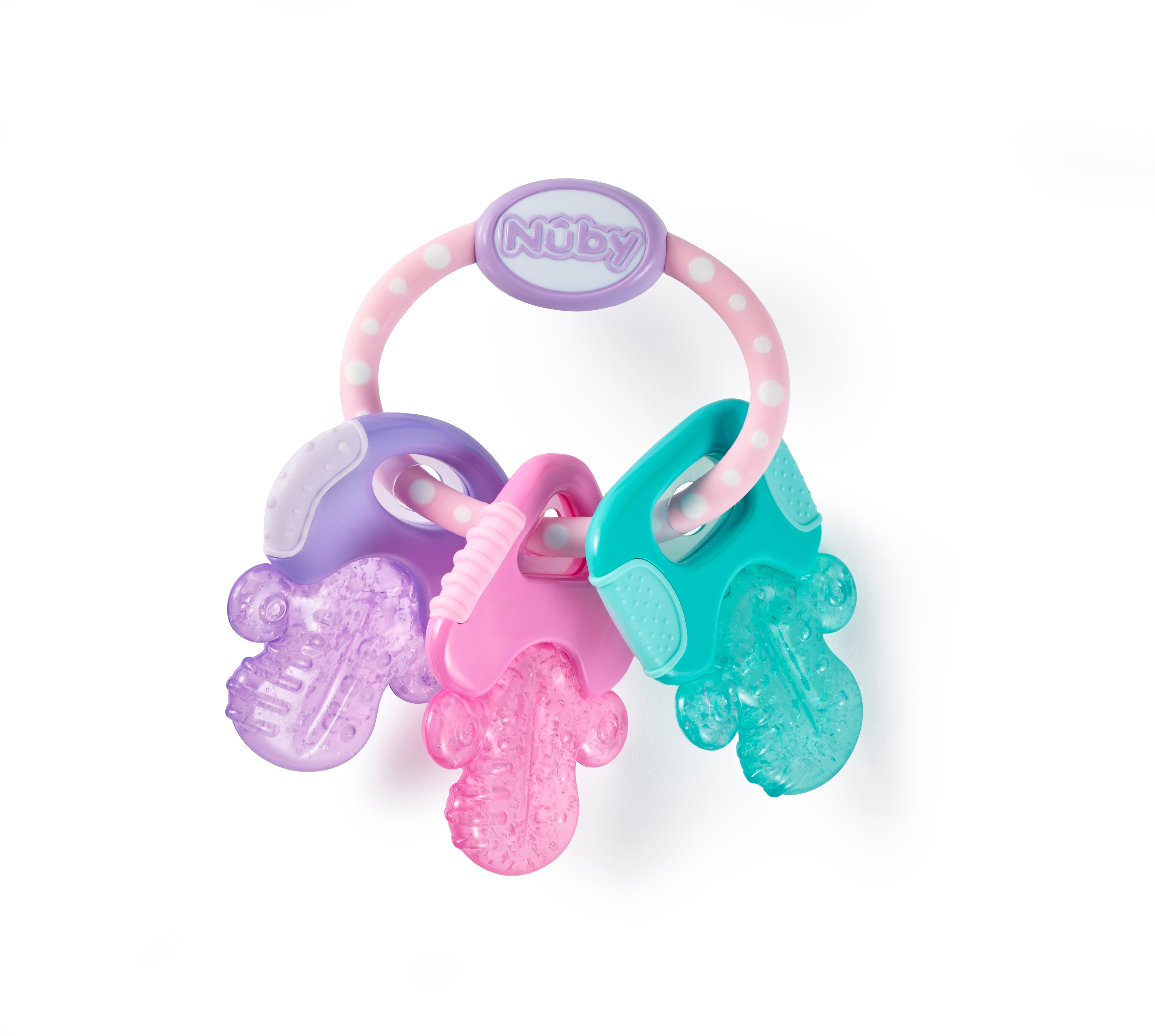 The Nuby Icy Bite Keys Teether Toy features a pink and white ring holding three textured, colorful teething keys in purple, pink, and teal.