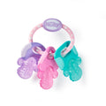 The Nuby Icy Bite Keys Teether Toy features a pink and white ring holding three textured, colorful teething keys in purple, pink, and teal.