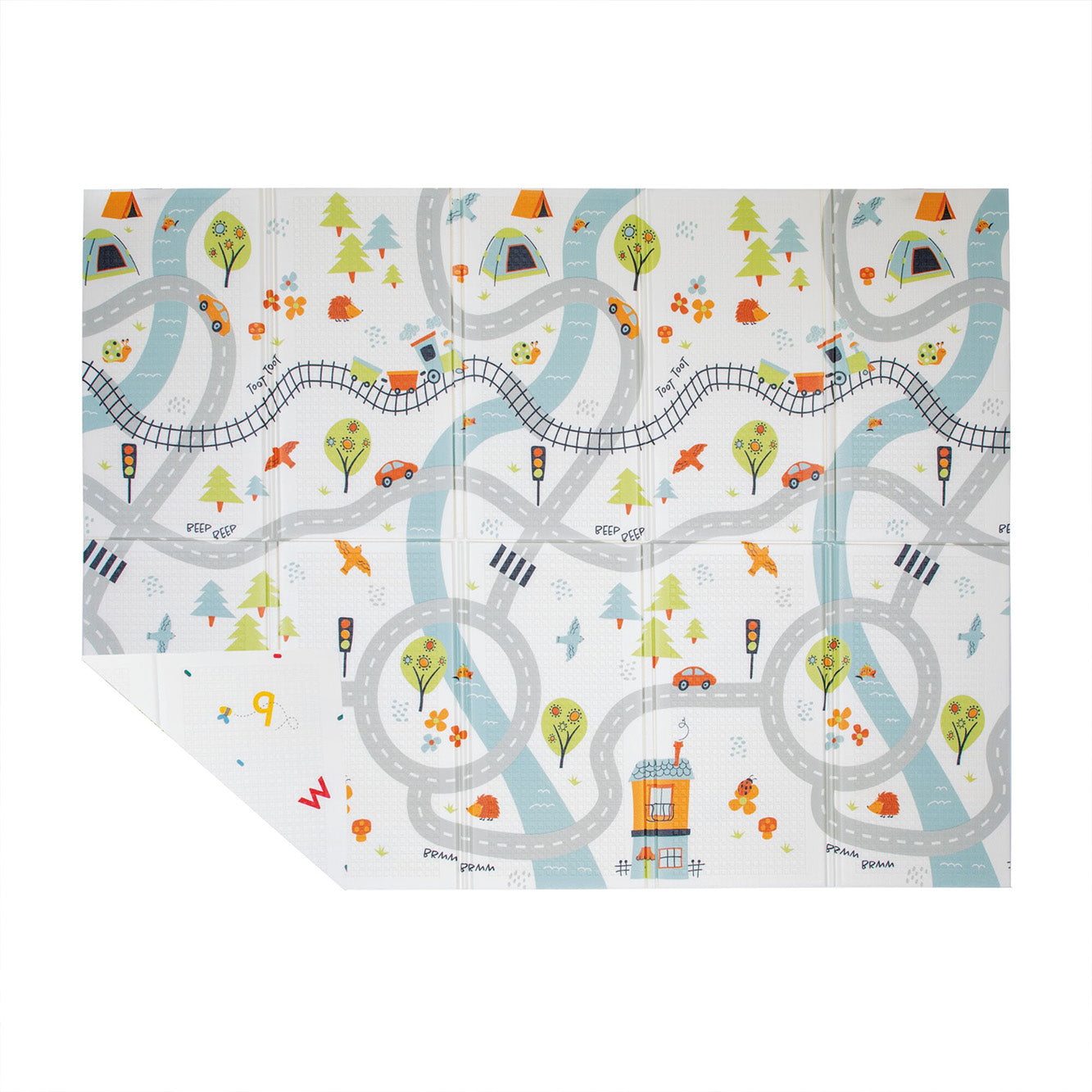 A close up of the Nuby Play Mat decorated in a road and travel theme. This play mat is created by Nuby.