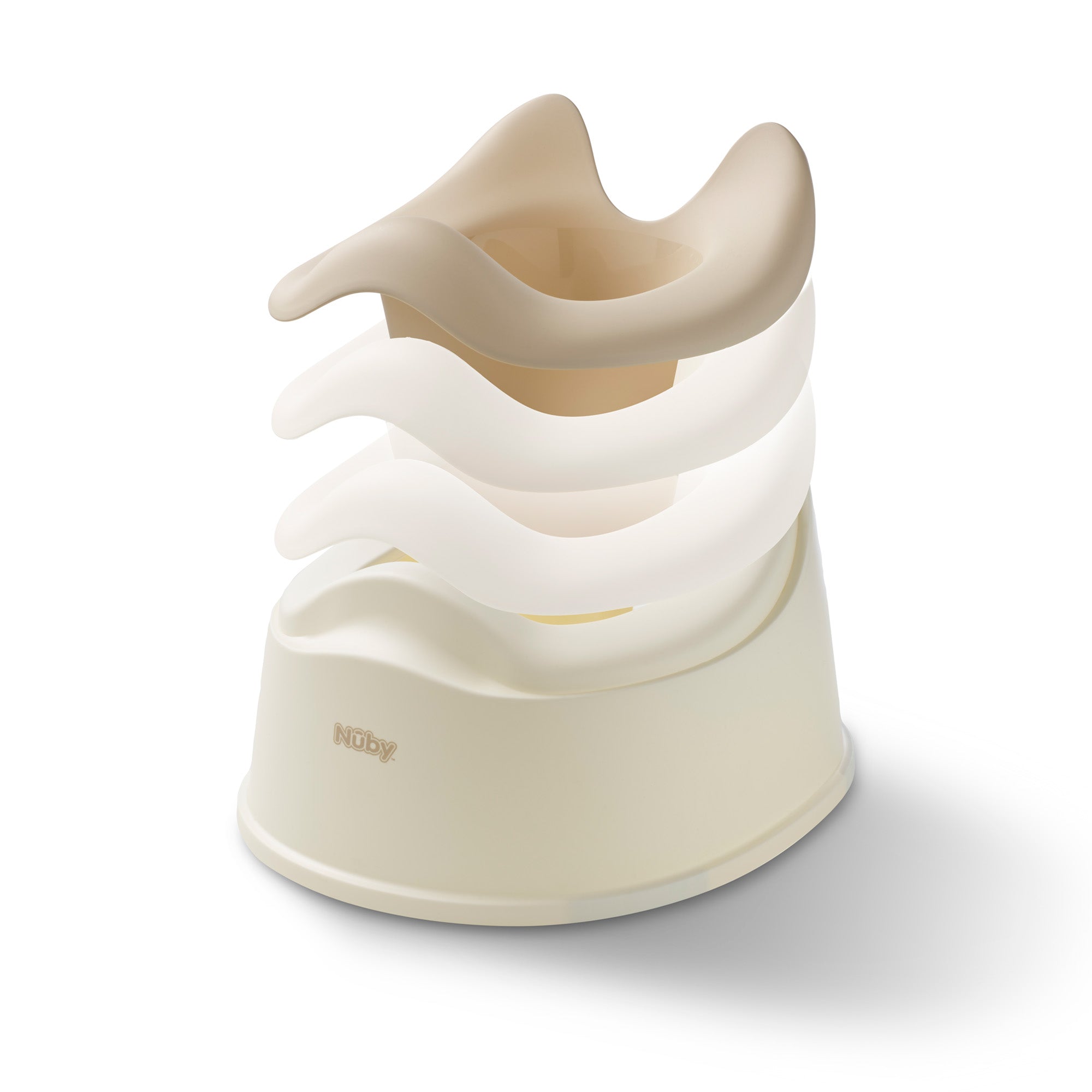 The Easy Clean Potty Beige by Nuby is shown on a white background, featuring three soft, wavy, removable seats stacked atop one another and a convenient removable insert for hassle-free potty training.