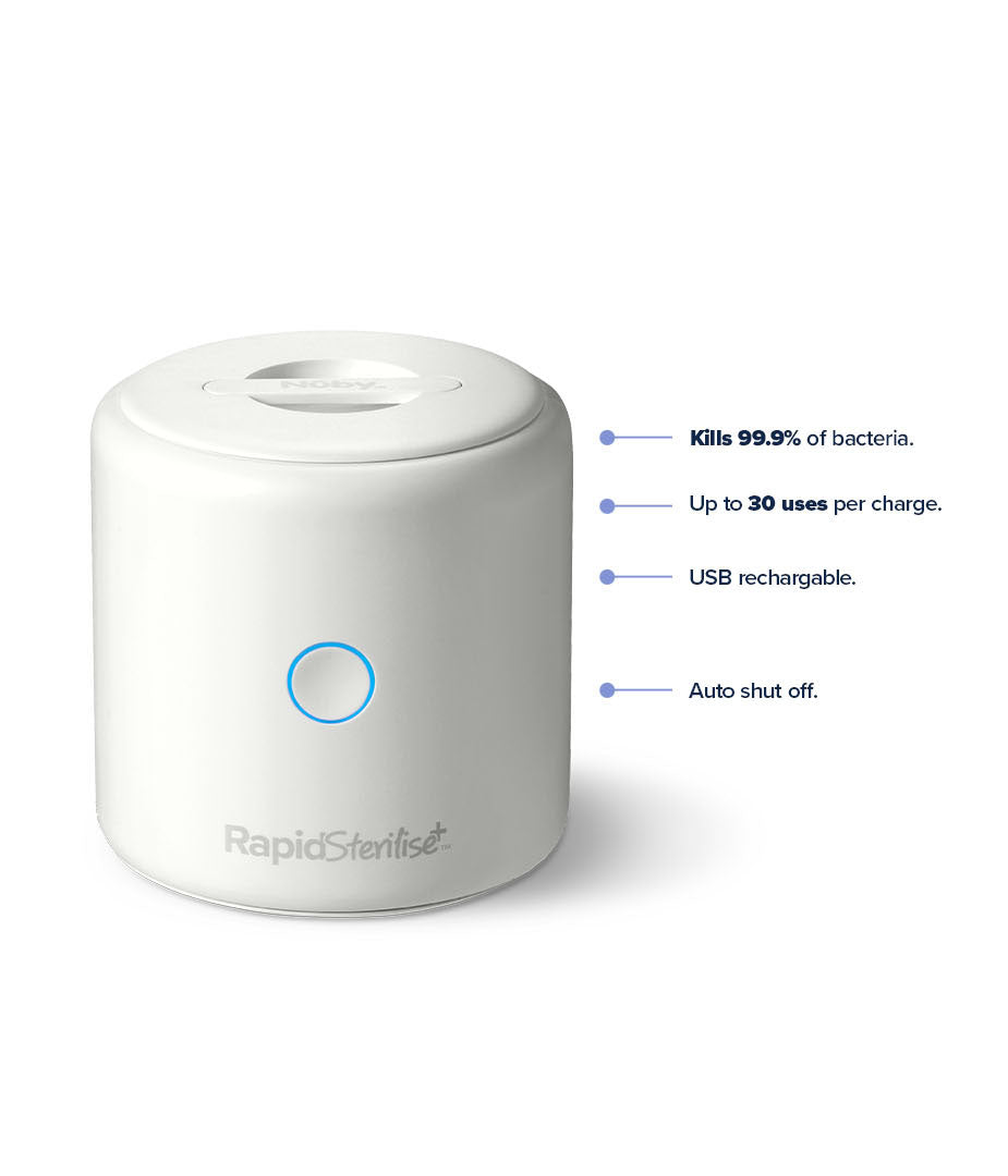 A white, cylindrical RapidSteriliser+ from the RapidBottles and RapidSteriliser+ Bundle, with a glowing blue circle, is shown beside text: kills 99.9% of bacteria, up to 30 uses per charge, USB rechargeable, auto shut off—perfect as a portable bottle steriliser.