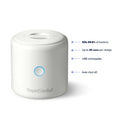 A white, cylindrical RapidSteriliser+ from the RapidBottles and RapidSteriliser+ Bundle, with a glowing blue circle, is shown beside text: kills 99.9% of bacteria, up to 30 uses per charge, USB rechargeable, auto shut off—perfect as a portable bottle steriliser.