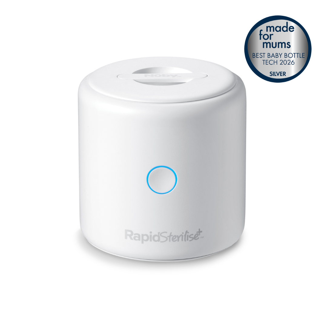 A sleek, white, cylindrical UV baby bottle steriliser labeled RapidSterilise Plus features a glowing blue button. This portable steriliser proudly displays a "made for mums: Best Baby Bottle Tech 2026, Silver" badge in the corner.