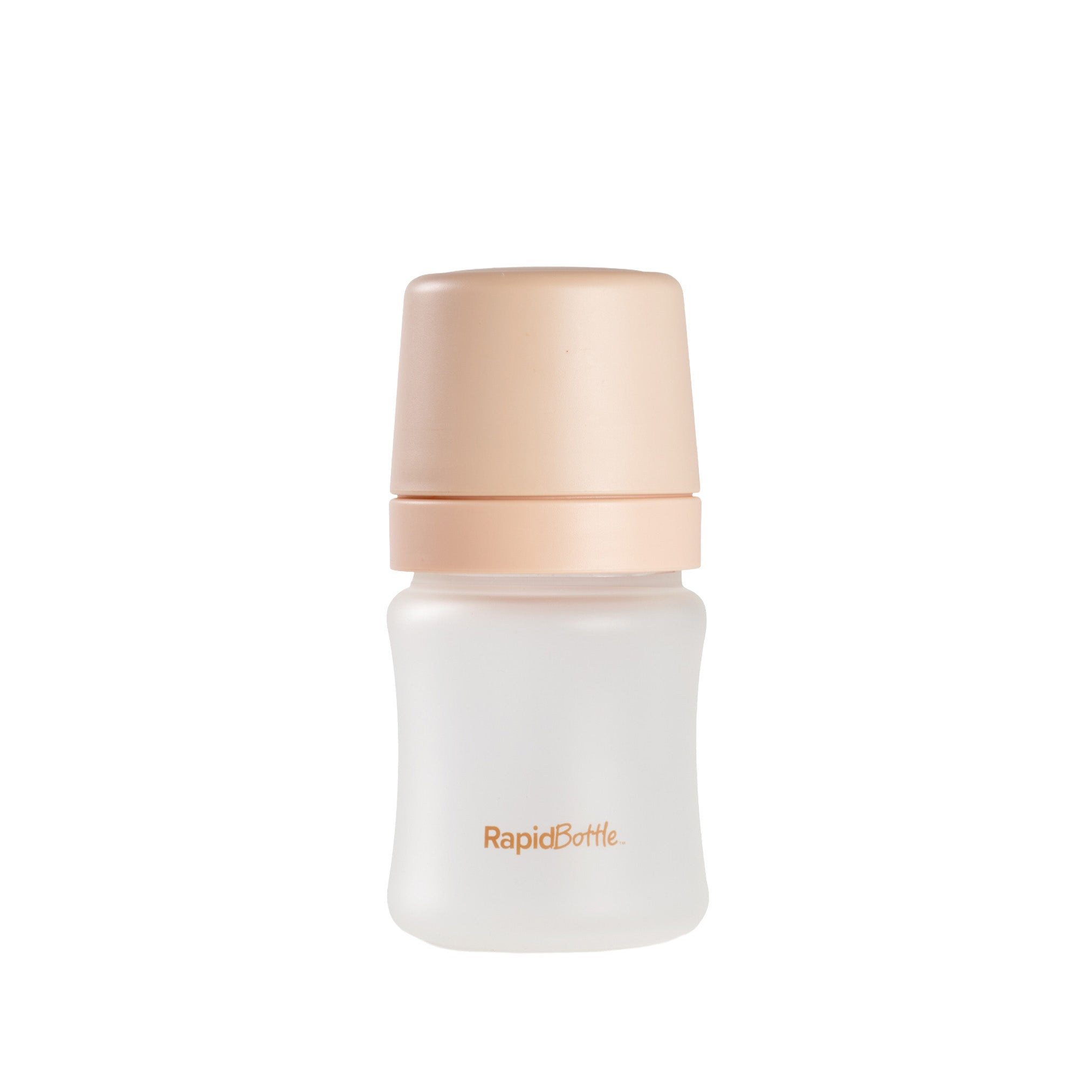 A 5oz RapidBottle Soft Touch Glass Baby Bottle, featuring a beige cap and "RapidBottle" in orange on the front, is shown against a plain white background.