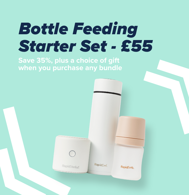 A beige capped RapidBottle, RapidSterilise plus and white RapidCool sat alongside one another against a light green coloured background.