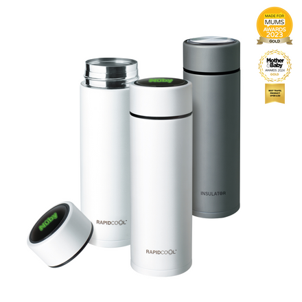 Three stainless steel thermos bottles with lids on a white background. The bottles are embossed with the text RapidCool, and are all made of stainless steel. The thermos bottles have the following awards on them: 2023 GOLD Mother & Baby Awards, 2024 GOLD Best Travel Product over £30