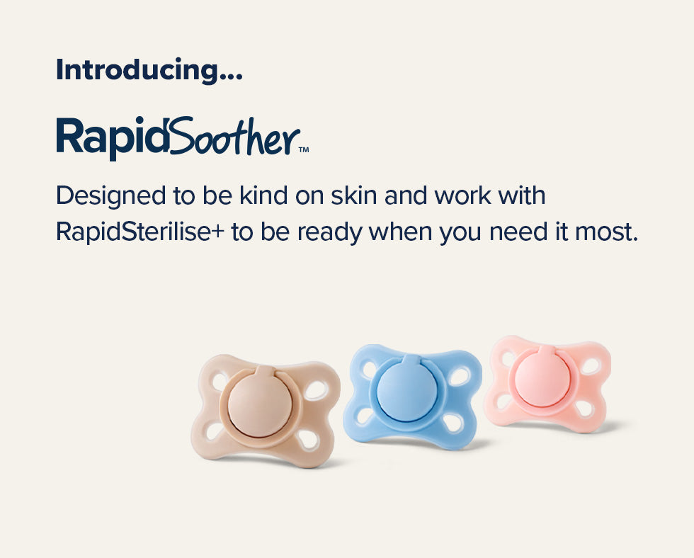 The run of 3 colours of RapidSoothers by Nuby. Including a short description on how kind it is to your skin.