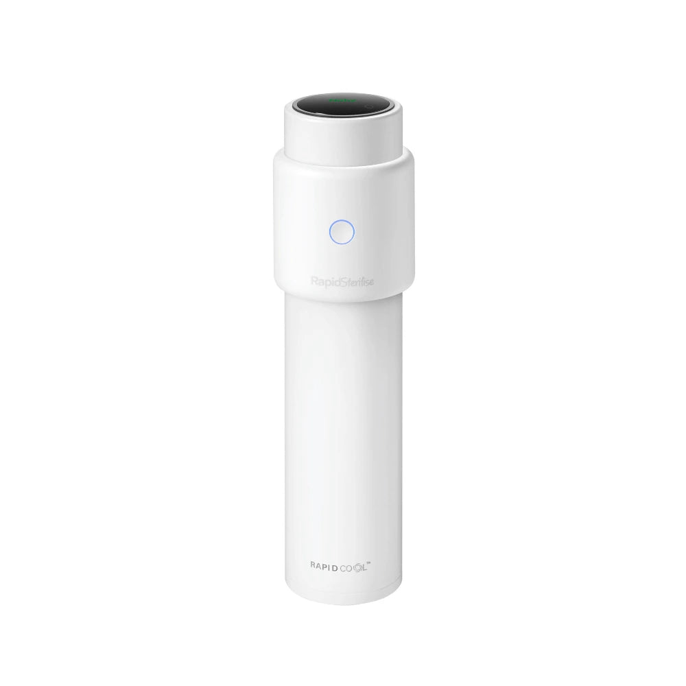 A sleek, cylindrical white device with a minimalist design and glowing blue button, the Nuby UK RapidSterilise Baby Bottle Maker Steriliser is labeled near the base and offers fast, modern sterilising for baby bottles.
