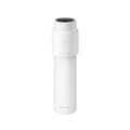A white, cylindrical modern device labeled Nuby UK RapidSterilise Baby Bottle Maker Steriliser, featuring a single button, stands upright against a plain white background.