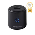 A black, cylindrical RapidSterilise Plus UV Steriliser with a glowing blue circle and "Mother & Baby Awards 2026 Gold, Best Travel Product Over £30" badge—your ideal portable UV steriliser for baby bottles on the go.