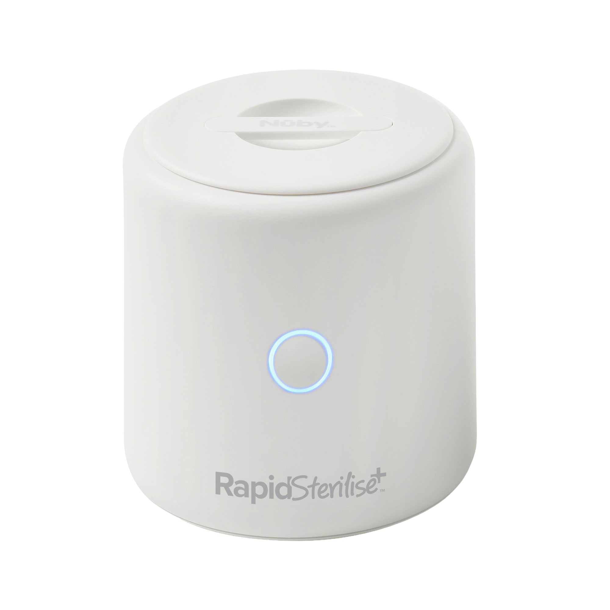 The compact, white RapidSterilise Plus UV Steriliser features a blue-lit circular button and flat lid, delivering fast, efficient sterilisation for baby bottles and more.