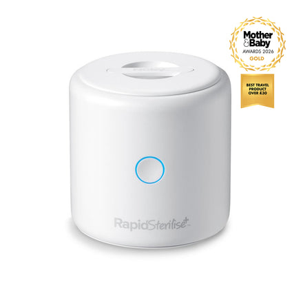The compact, white RapidSterilise Plus UV Steriliser features a blue-lit circular button and flat lid, delivering fast, efficient sterilisation for baby bottles and more.