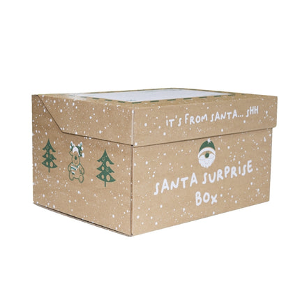 The Nuby UK Santa Surprise Christmas Bundle comes in a brown box with white snowflakes, green trees, a bear, and Santa’s face. The box says “ITS FROM SANTA… SHH” and “SANTA SURPRISE BOX.”.
