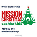 Logo for supporting Mission Christmas Cash for Kids, with a Christmas tree made from green handprints and a red star—great inspiration for toddler or baby gifts like the Santa Surprise Christmas Bundle from Nuby UK. Visit cashforkids.org.uk.