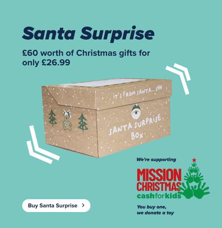 Santa surprise: a Christmas gift box full of £60 worth of surprise gifts for only £26.99. Suitable for babies 0 to 18 months. Save £33