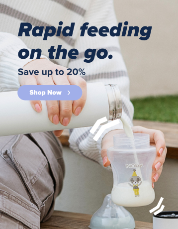 rapidcool pouring formula milk into nuby baby bottle. banner linking to shop rapidcool page