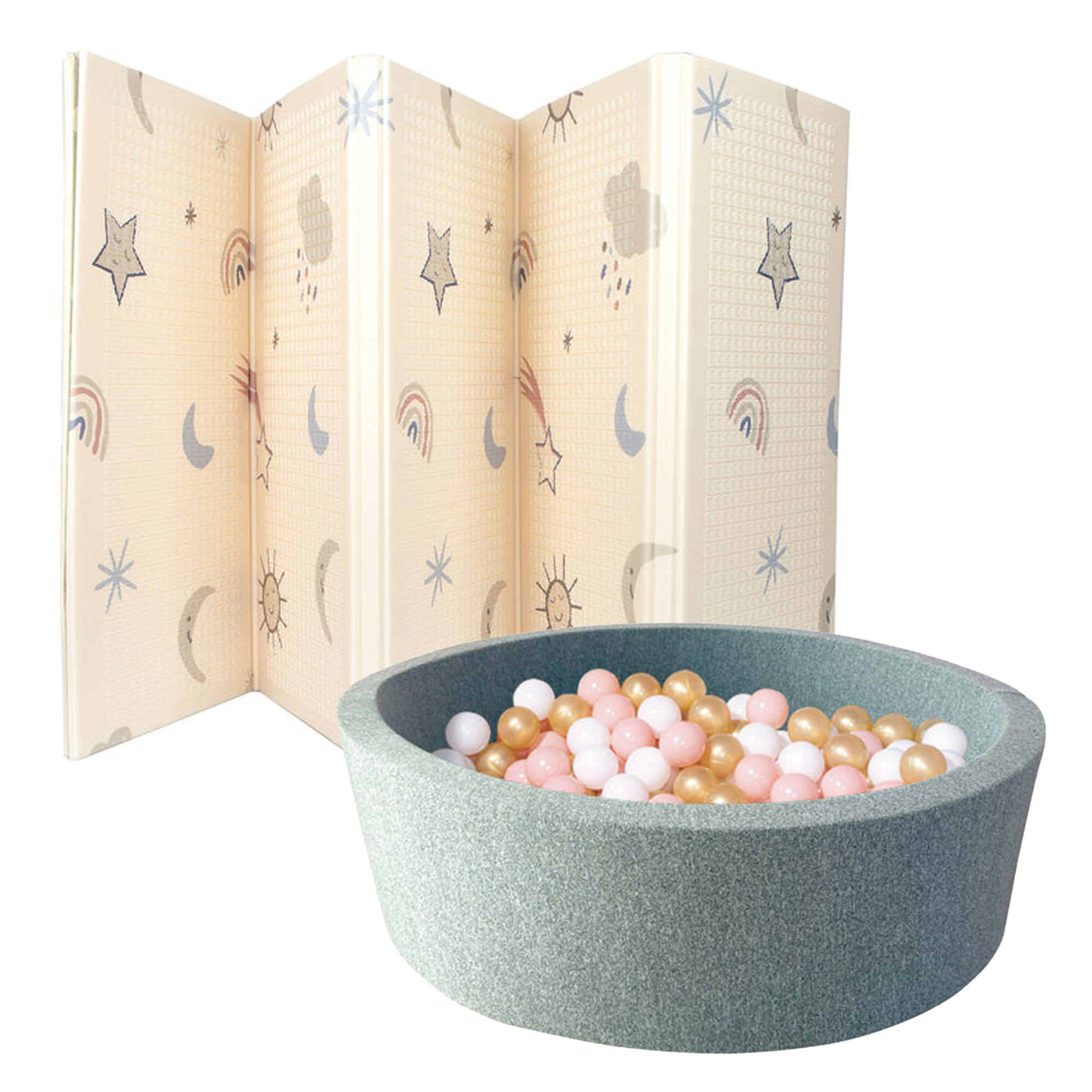 The Nuby UK Play and Explore Bundle features a soft grey jersey ball pit with pink, white, and gold balls, paired with a cream baby play mat adorned with stars, clouds, rainbows, and moons—perfect for your little one.