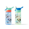 The Super Quench Sport 2 Pack includes two Nuby kids’ water bottles with straw lids—one green-topped, one orange-topped—both featuring sports designs with soccer balls, stars, and the words GOAL! BOWL! STRIKE!.