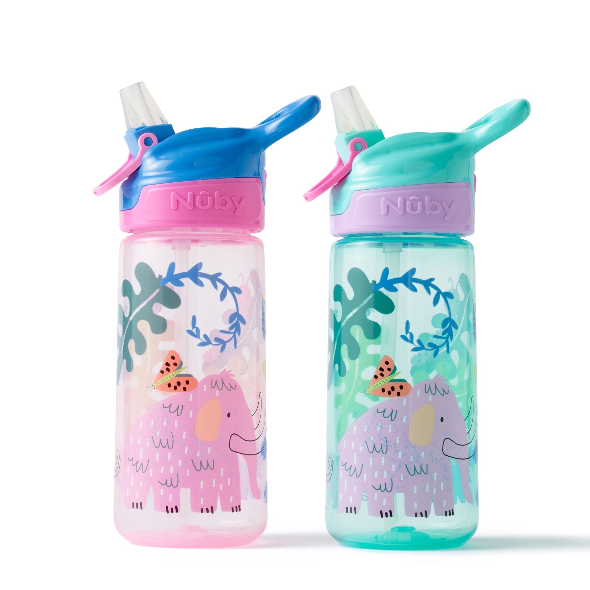 The Super Quench water bottles 2 Pack features two colorful children’s water bottles with flip-top lids, built-in straws, and playful designs of cartoon elephants, leaves, and ladybugs. One bottle comes in pink and blue, while the other is green and purple.