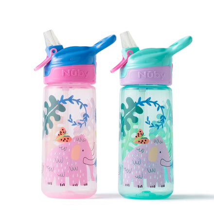 The Super Quench water bottles 2 Pack features two colorful children’s water bottles with flip-top lids, built-in straws, and playful designs of cartoon elephants, leaves, and ladybugs. One bottle comes in pink and blue, while the other is green and purple.