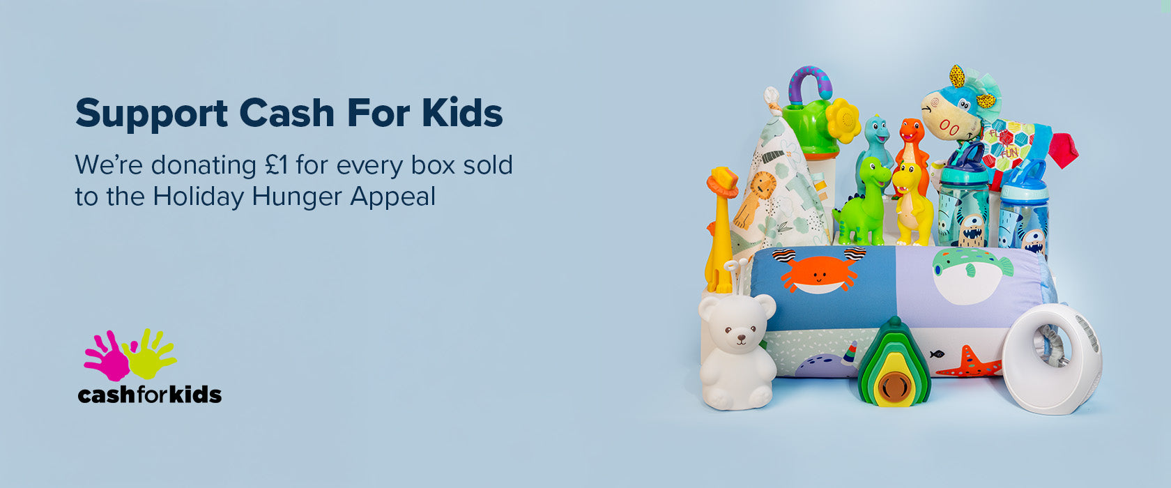 A range of toys sat as part of the Mystery Bundles by Nuby, this includes Dinosaurs, cups and more. Also including the Support for Cash For Kids in the foreground.