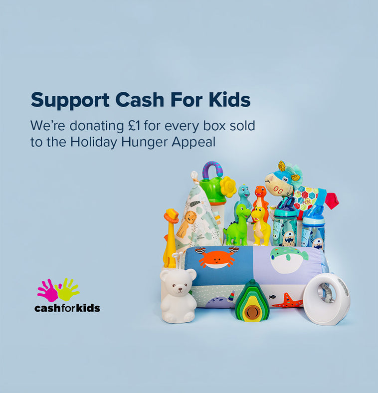 A range of toys sat as part of the Mystery Bundles by Nuby, this includes Dinosaurs, cups and more. Also including the Support for Cash For Kids in the foreground.