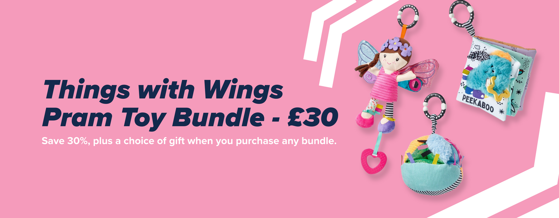 Things with Wings pram toy bundle only £30 plus choice of free gift with purchase.  The pram toy bundle contains three toys that attach to a pram or car seat. 