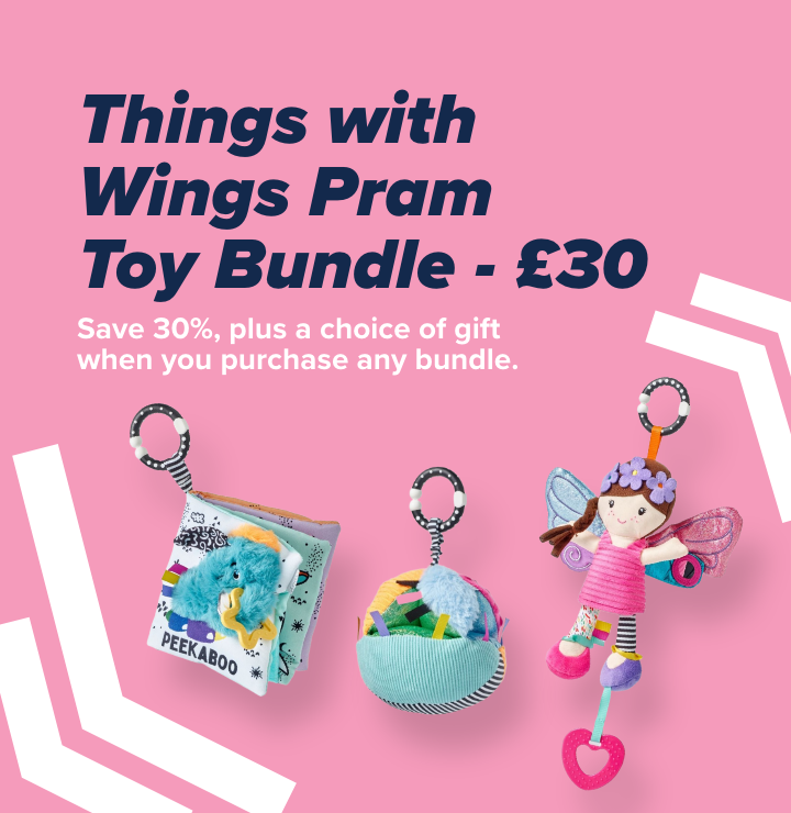 Things with Wings pram toy bundle only £30 plus choice of free gift with purchase.  The pram toy bundle contains three toys that attach to a pram or car seat. 