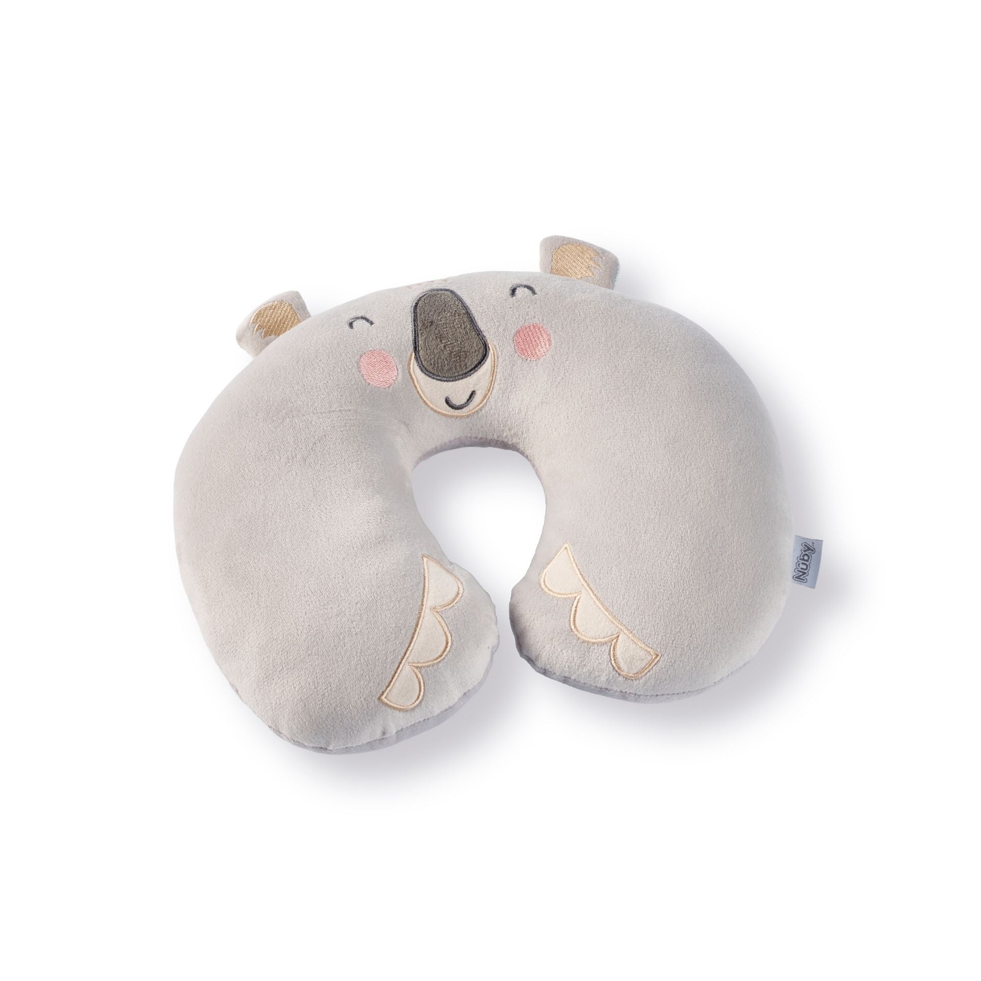 The Travel Pillow is a soft, gray U-shaped neck pillow featuring a smiling koala face with embroidered details, rosy cheeks, and small ears.