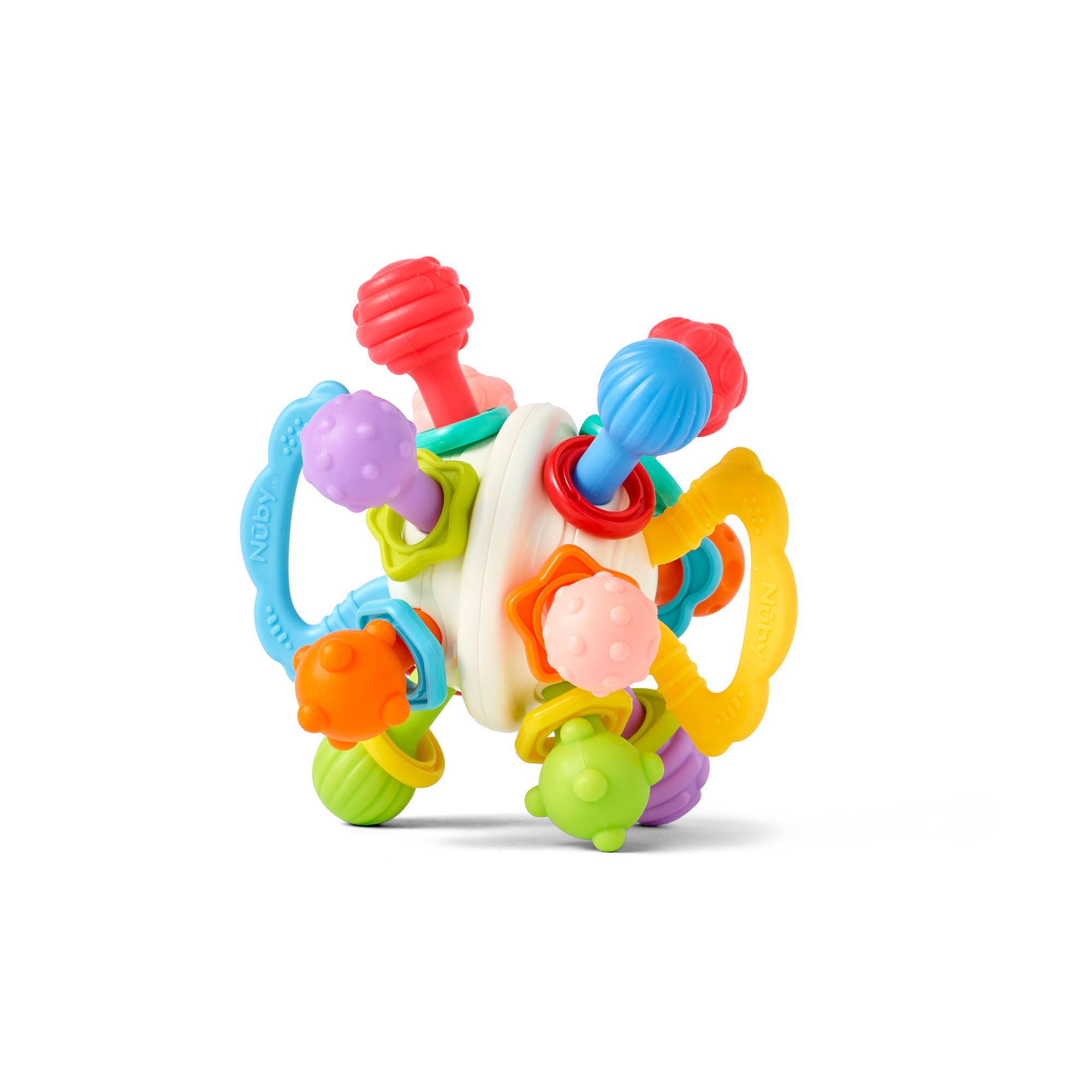 The Twist Ball Teether features a central white sphere with various textured handles, rings, and knobs in vibrant colors. Made from silicone, this teether is perfect for sensory and tactile play, making it an ideal teething toy for little hands and curious minds.