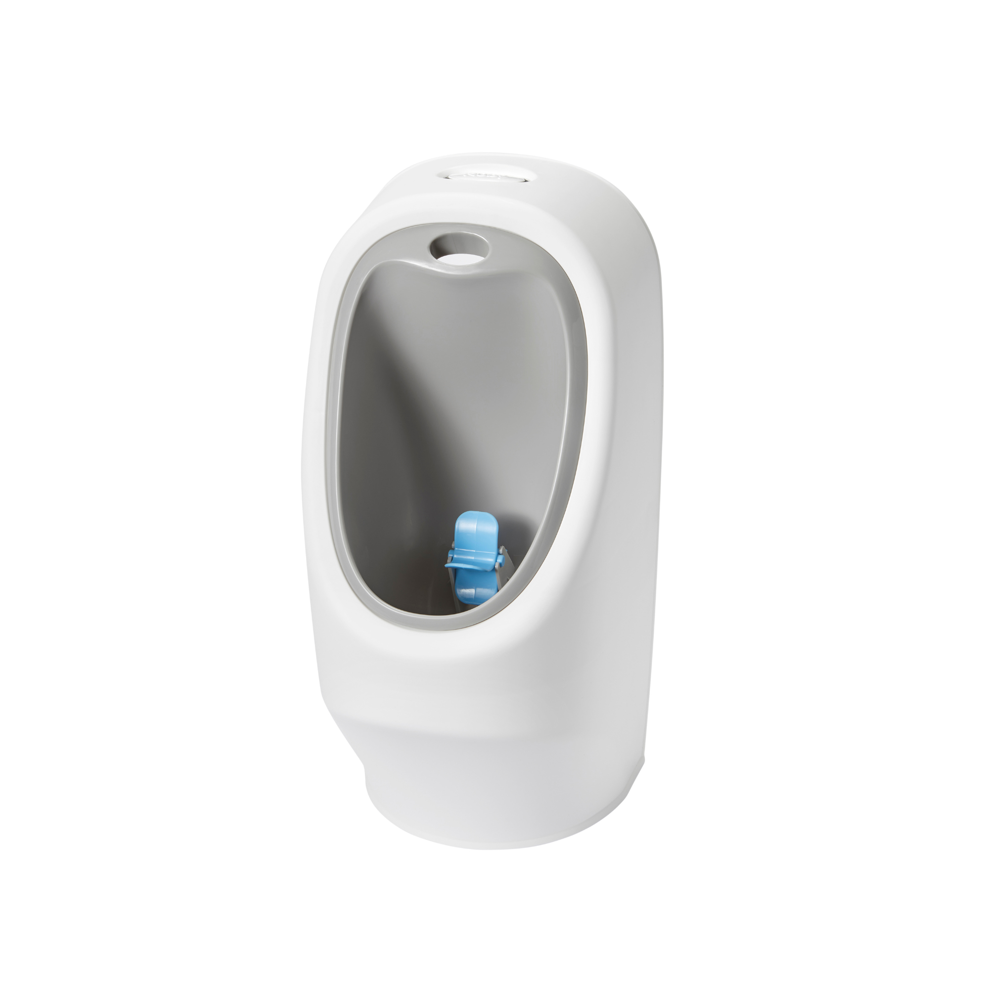The Nuby My Real Urinal is a white, wall-mounted urinal with a rounded design and blue screen, perfect for potty or urinal training, shown isolated on a white background.