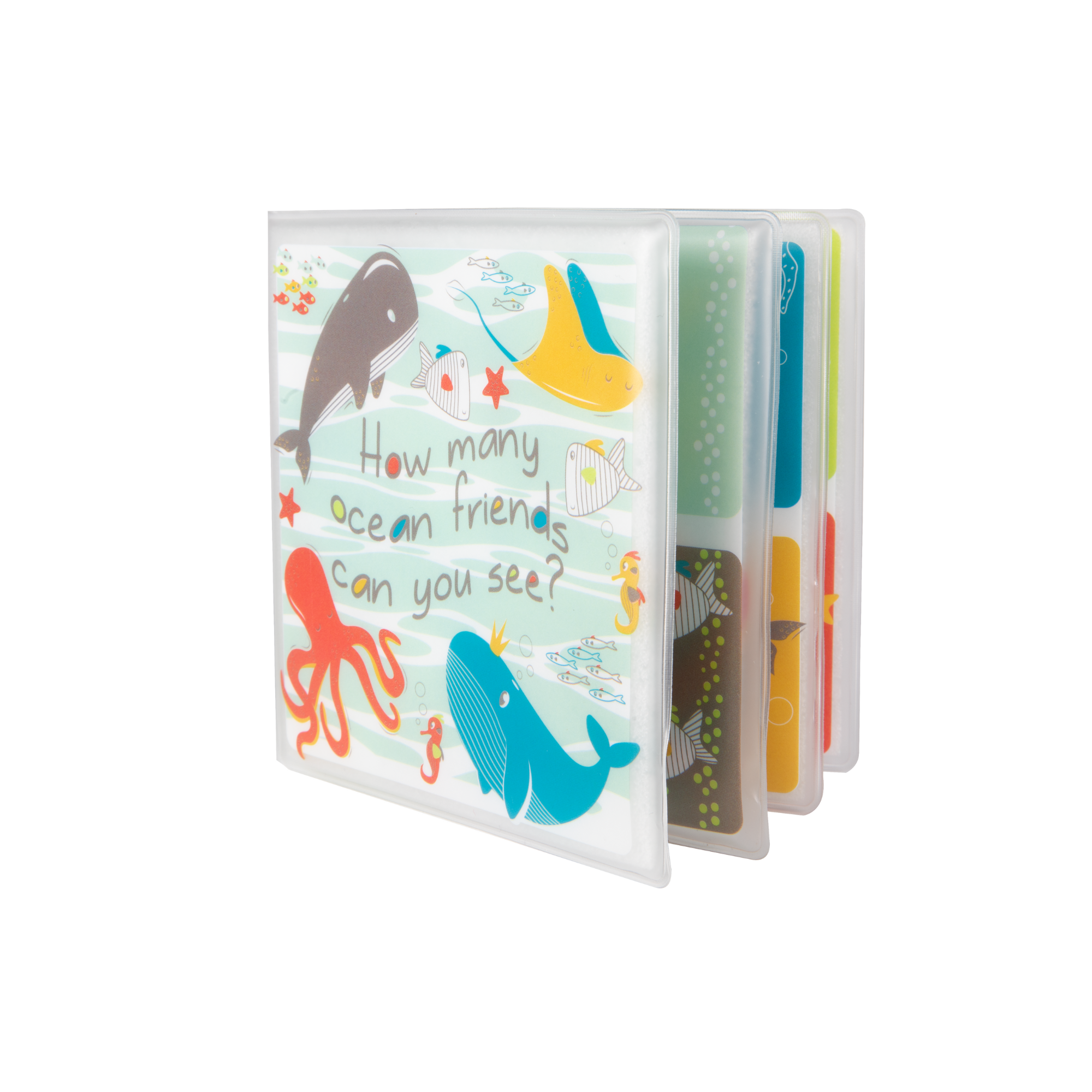 The Nuby Bathtime Book is a colorful sensory book featuring sea animals like a whale, octopus, fish, and crab on the cover with “How many ocean friends can you see?”—perfect for bathtime fun.