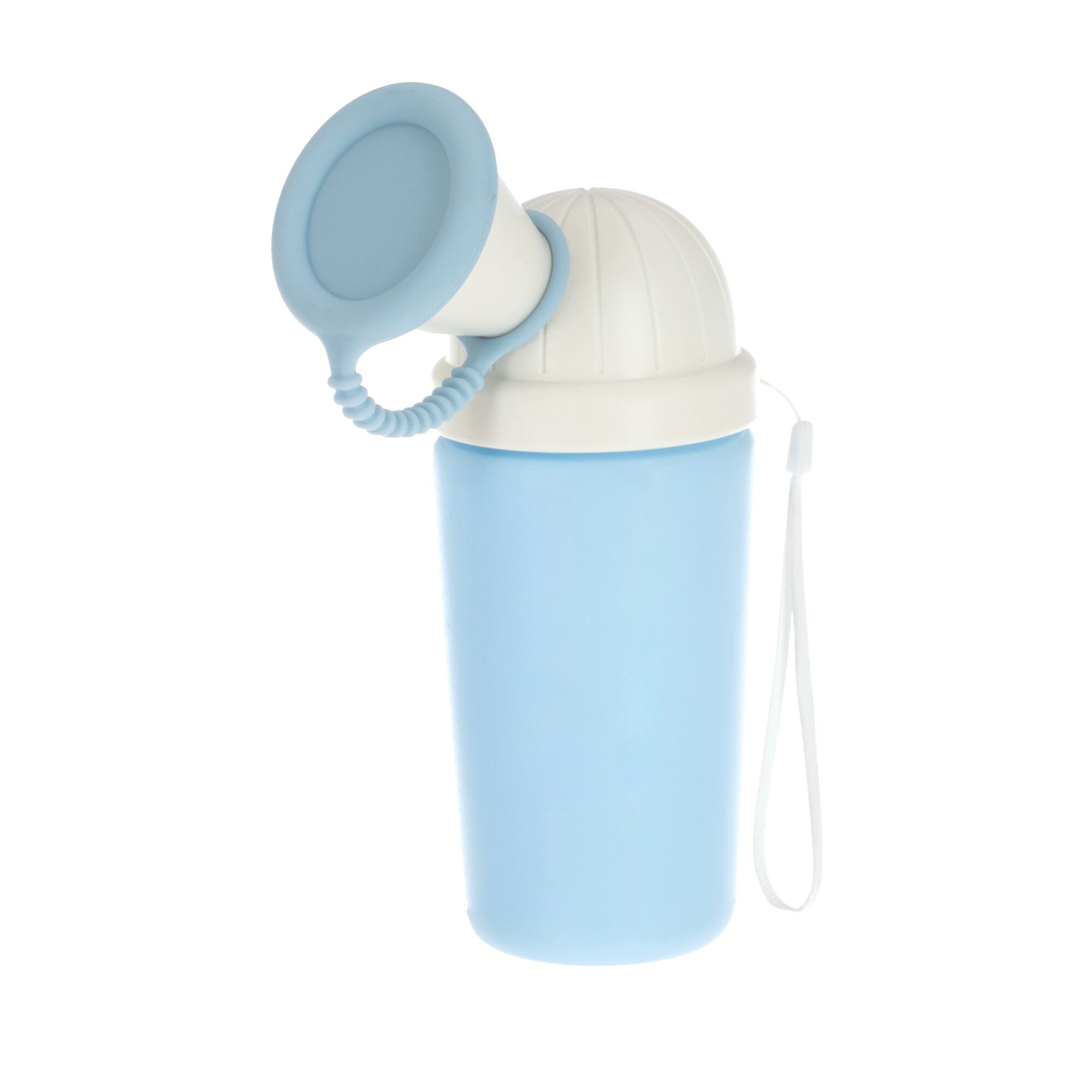 The Nuby Gotta Go Kids Travel Urinal is a light blue portable bottle with a white lid, soft blue funnel attachment, and white carrying strap, shown isolated on a white background.