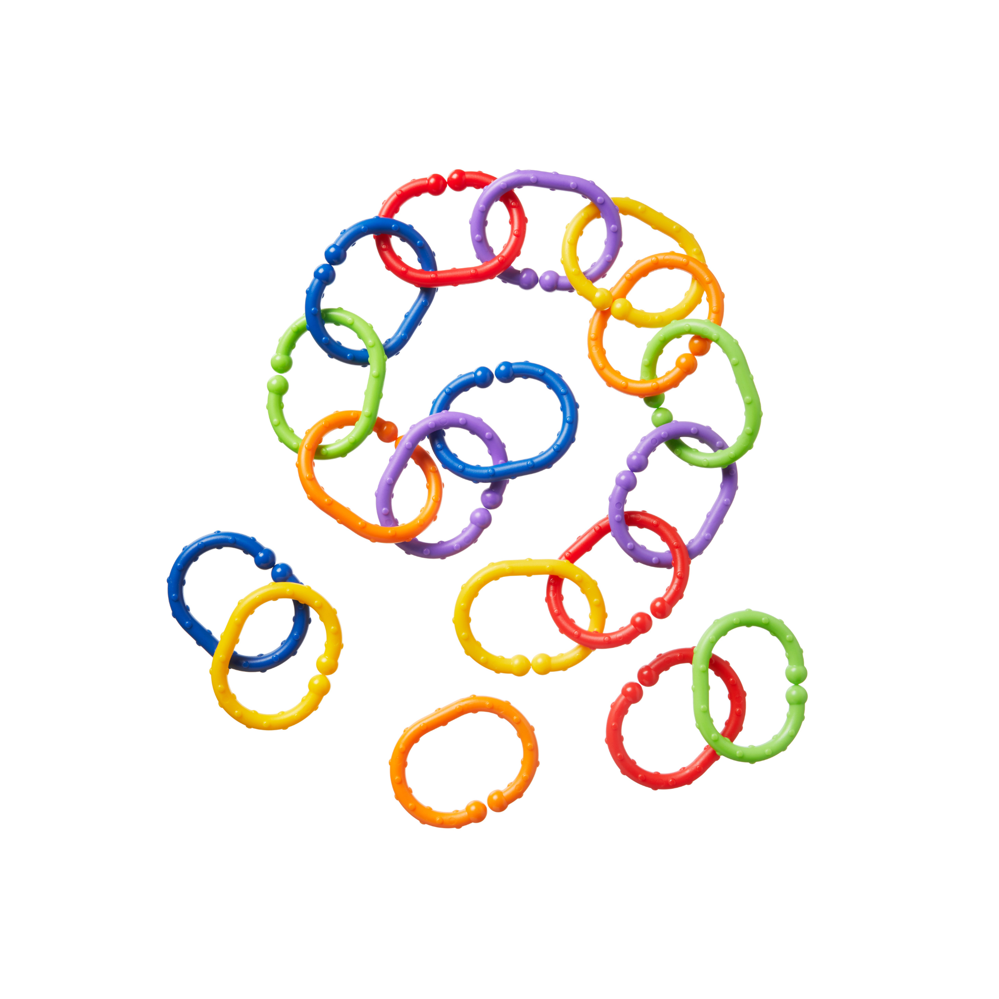 Nuby Linkables baby toy links in red, blue, yellow, green, orange, and purple are shown interlocked in a loose spiral shape—ideal as pram toy attachments—on a white background.