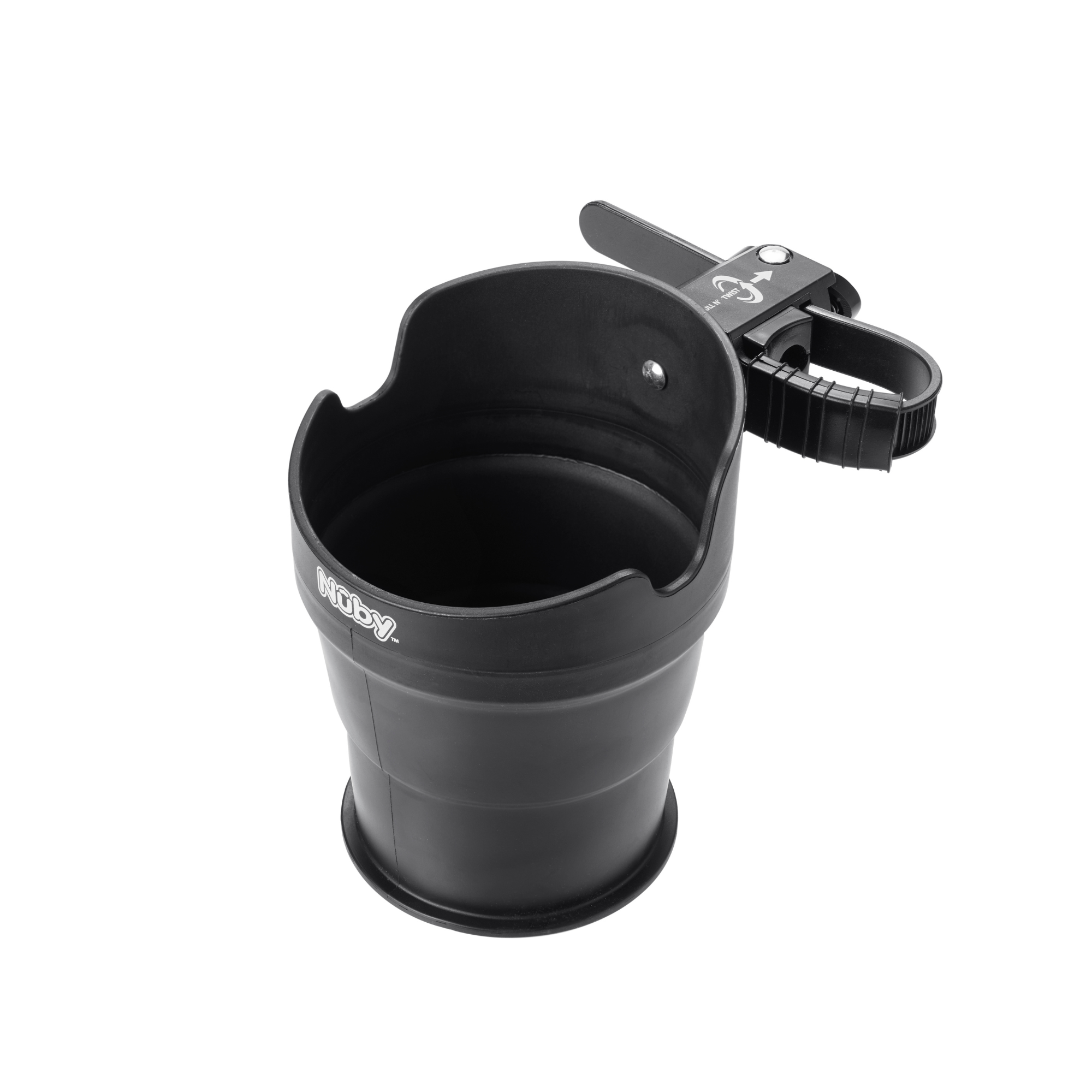 The Nuby Collapsible Cup Holder, Black, features an adjustable strap and clamp to secure drinks to surfaces like strollers or wheelchairs. Its shown on a white background.
