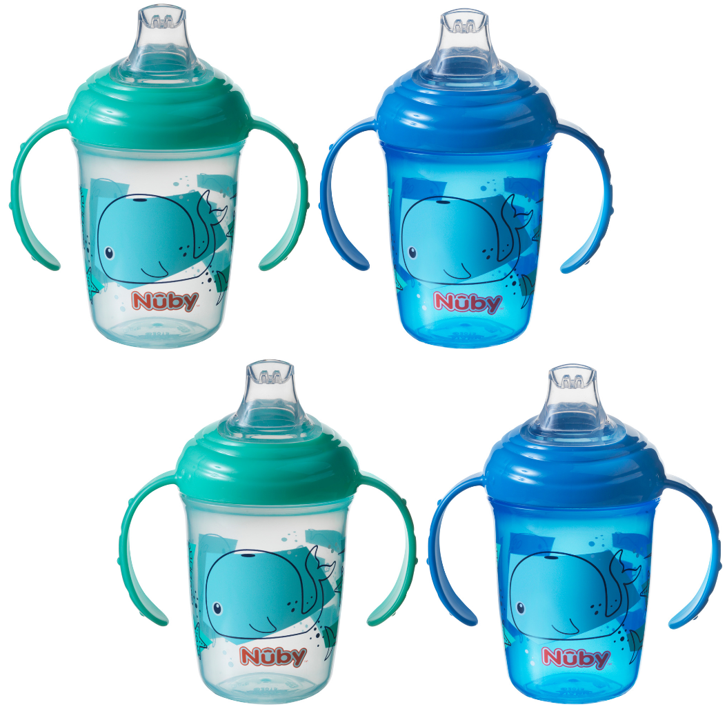 Four Nuby UK Grip n Sip Baby Cups, Whales, 4 Pack—two clear with teal lids and two blue with blue lids—feature handles and a no-spill silicone spout for mess-free sipping.