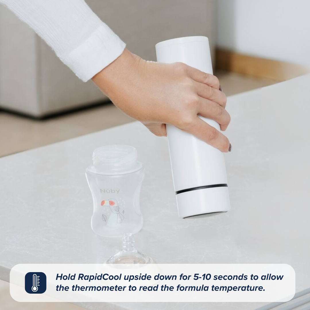 A RapidCool being shaken to reduce the temperature of the feed that's inside.