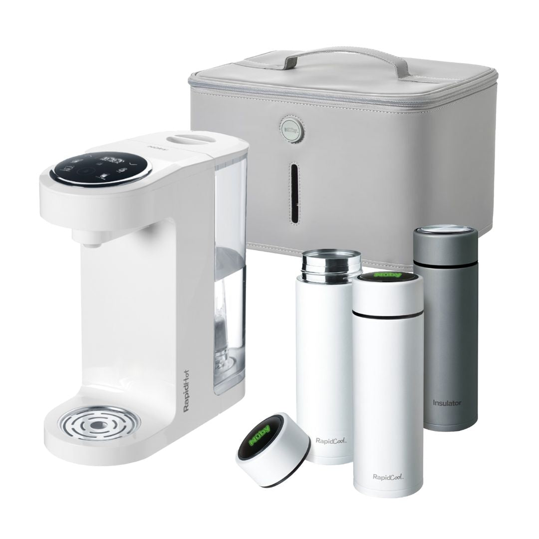 The Nuby UK Formula Making and Sterilising Bundle includes a white countertop maker, a gray carry case with display, and three black-lidded bottles—one silver, two white—ideal formula feeding essentials.