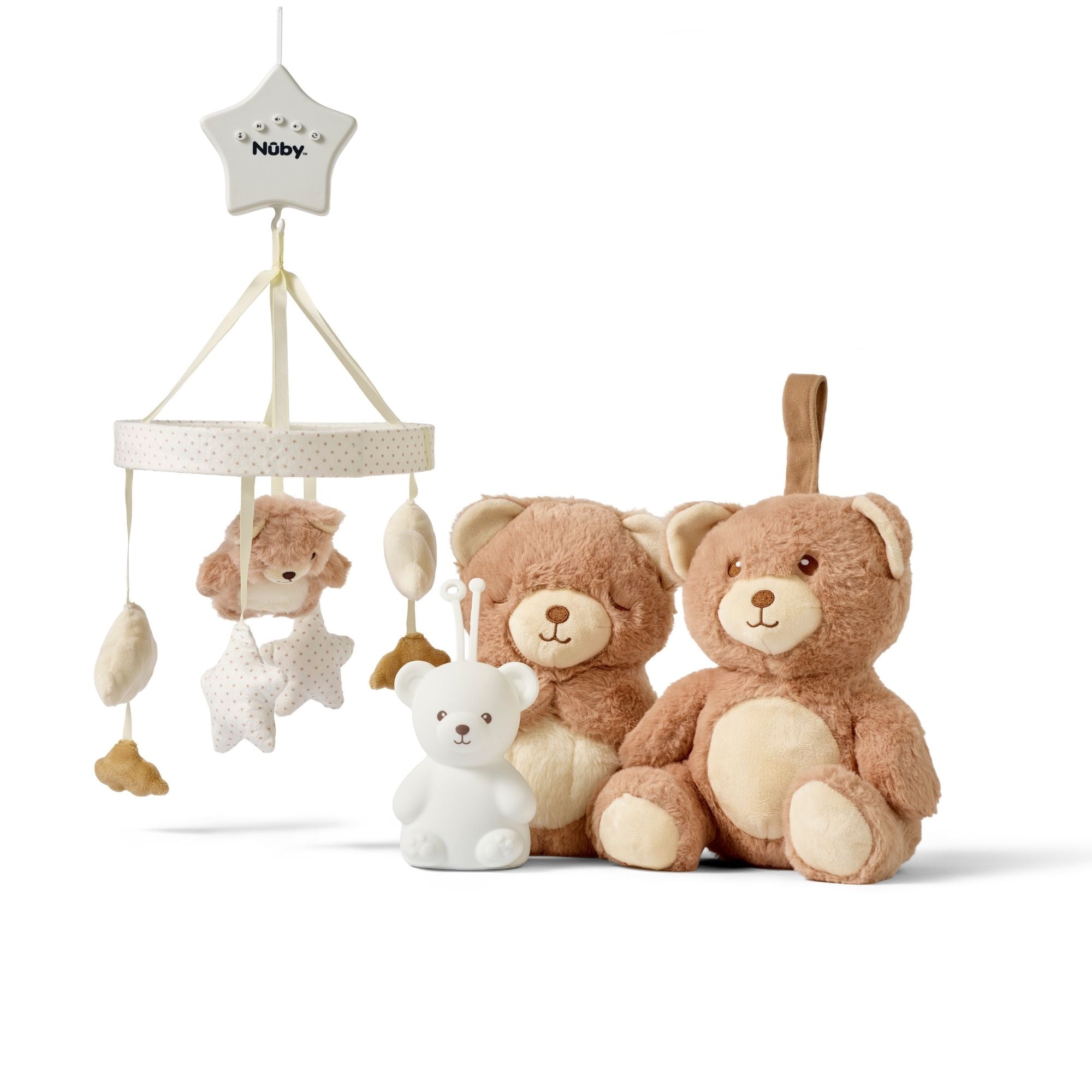 The Biscuit Bear Bedtime Bundle features a baby mobile with plush stars and a bear, two brown teddy bears, and a white bear-shaped nightlight, all displayed on a white background.