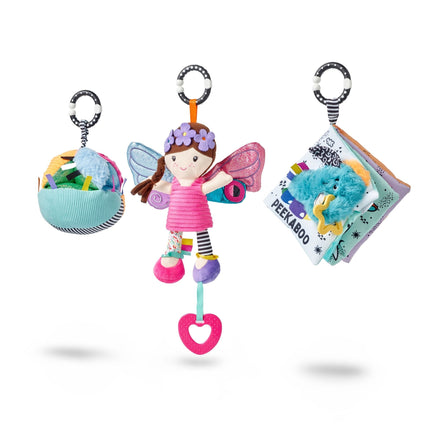 The Things with Wings Pram Toy Bundle includes a soft ball with ribbons, a fairy doll with wings and heart-shaped teether, and a peekaboo book—each with striped clips for hanging—ideal as baby travel toys or a thoughtful newborn gift.