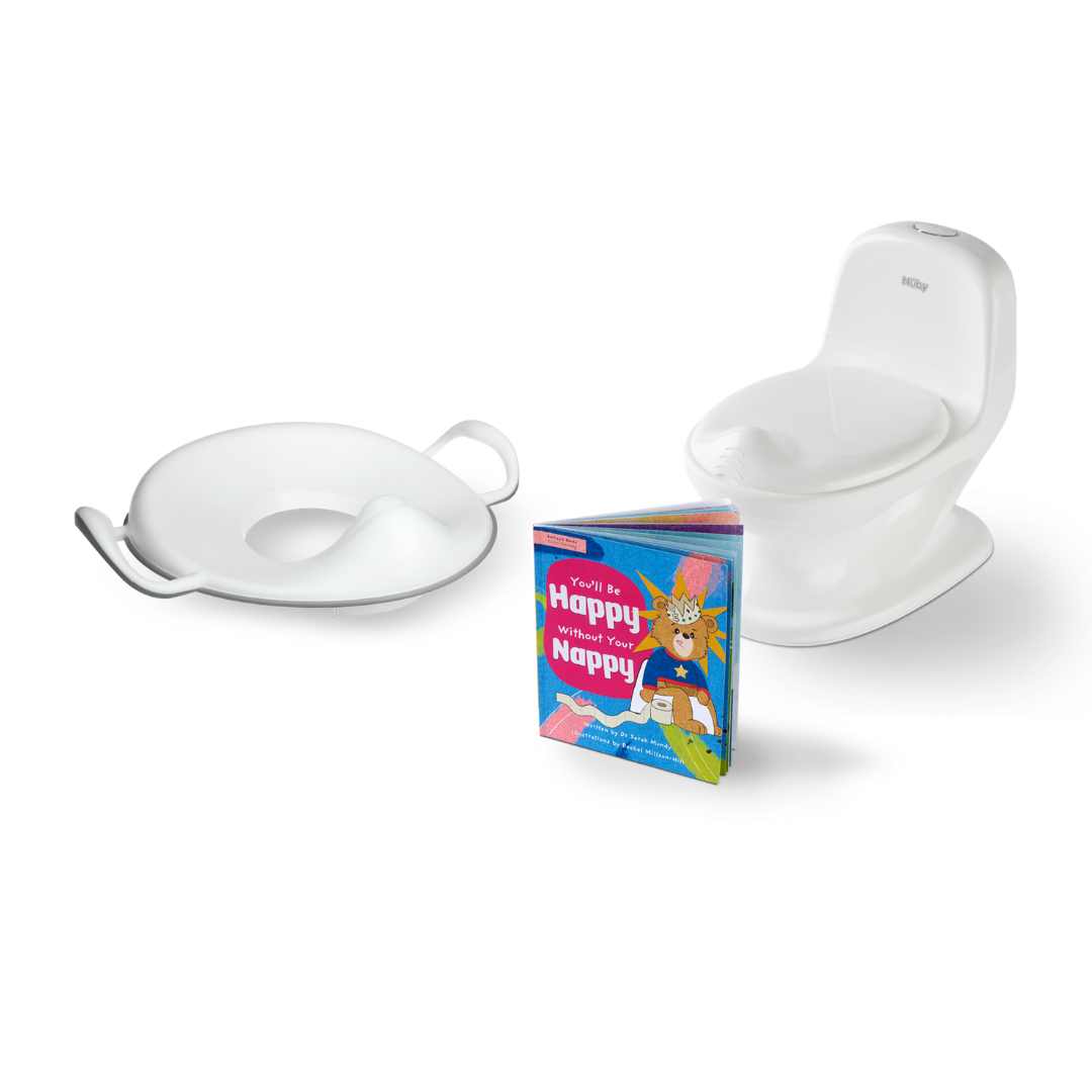 The "You'll Be Happy Without Your Nappy, Potty Training Bundle" includes a white potty training seat with handles, a My Real Potty for kids, and the colorful book—ideal essentials for an easy potty training experience.