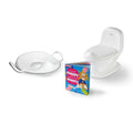 The "You'll Be Happy Without Your Nappy, Potty Training Bundle" includes a white potty training seat with handles, a My Real Potty for kids, and the colorful book—ideal essentials for an easy potty training experience.