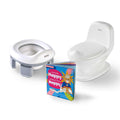 The At Home and On the Go Potty Bundle with Book, featuring a white toddler potty seat, training toilet, and the colorful children’s book "You’ll Be Happy Without Your Nappy," is displayed on a plain white background—ideal for potty training.