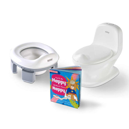 The At Home and On the Go Potty Bundle with Book, featuring a white toddler potty seat, training toilet, and the colorful children’s book "You’ll Be Happy Without Your Nappy," is displayed on a plain white background—ideal for potty training.