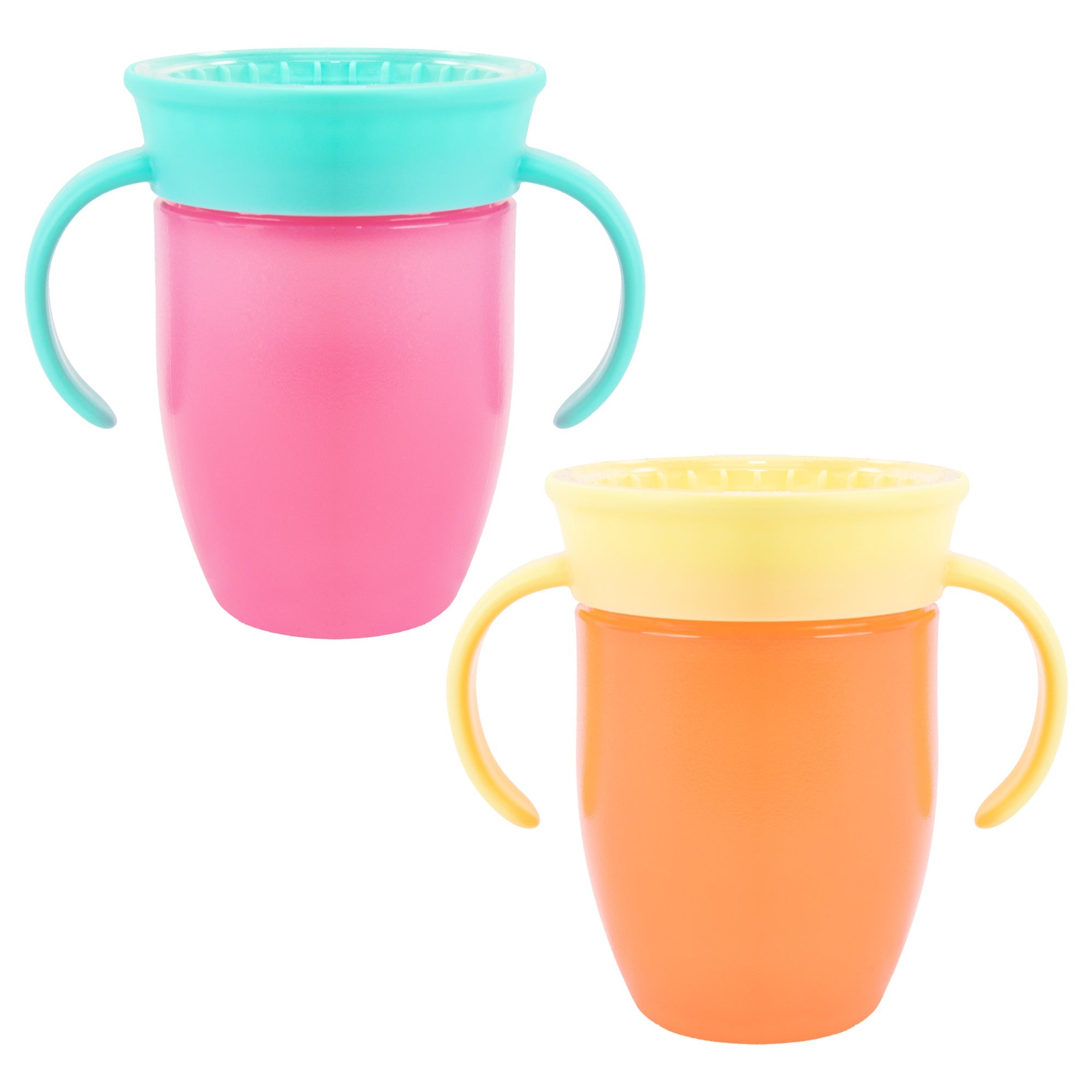 The Nuby All Around Cup 2 Pack - Pink includes two colorful toddler cups with easy-grip handles and a 360-degree spill-proof valve, helping young children drink independently.