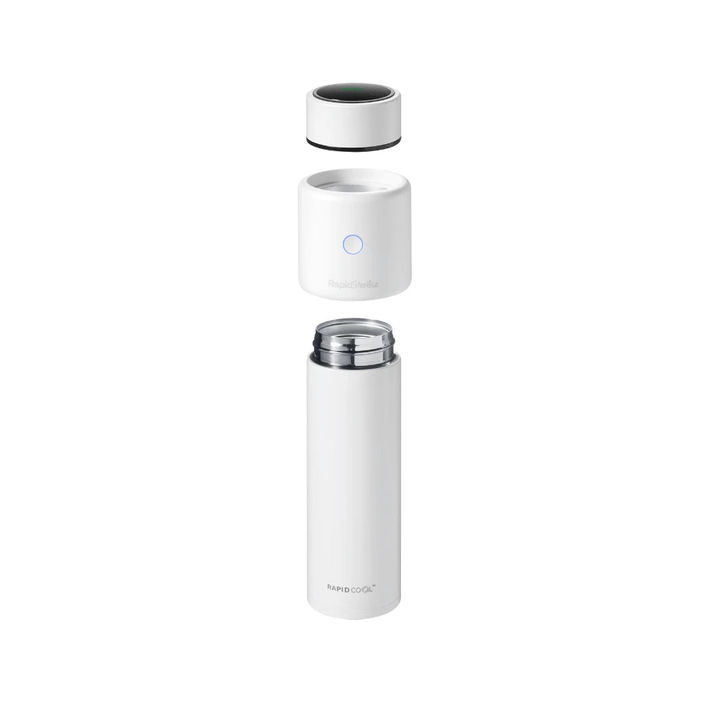 A white, cylindrical Nuby UK RapidSterilise Baby Bottle Maker Steriliser with lid and separate ring-shaped part are shown aligned vertically. The RAPID COOL label and a circular button on top are visible, highlighting its innovative design.