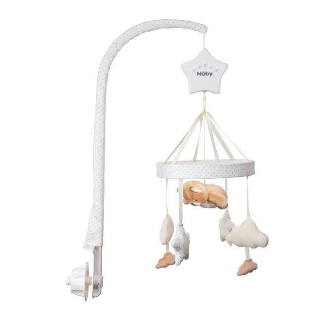 The Biscuit Bear Musical Cot Mobile by Nuby UK features a soft white arm, a star-shaped music box, and plush clouds and stars in white, beige, and gray—adding gentle charm to any nursery.