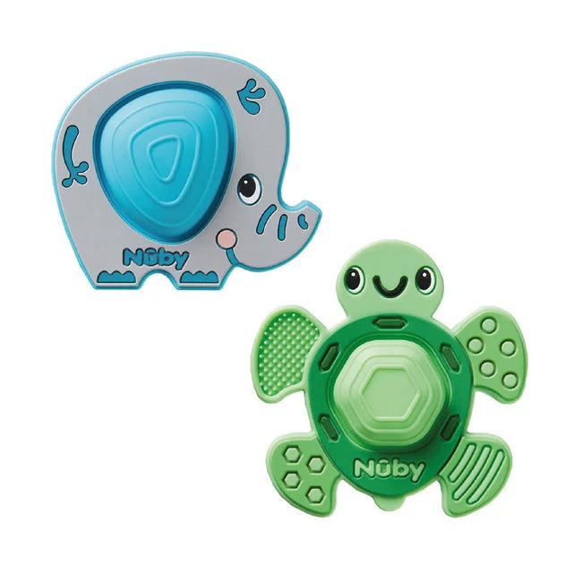 The Nuby Pop-it Teether Toy 2 Pack includes a blue and gray elephant and a green turtle, both with textured surfaces and smiling faces—perfect for soothing and entertaining your baby.