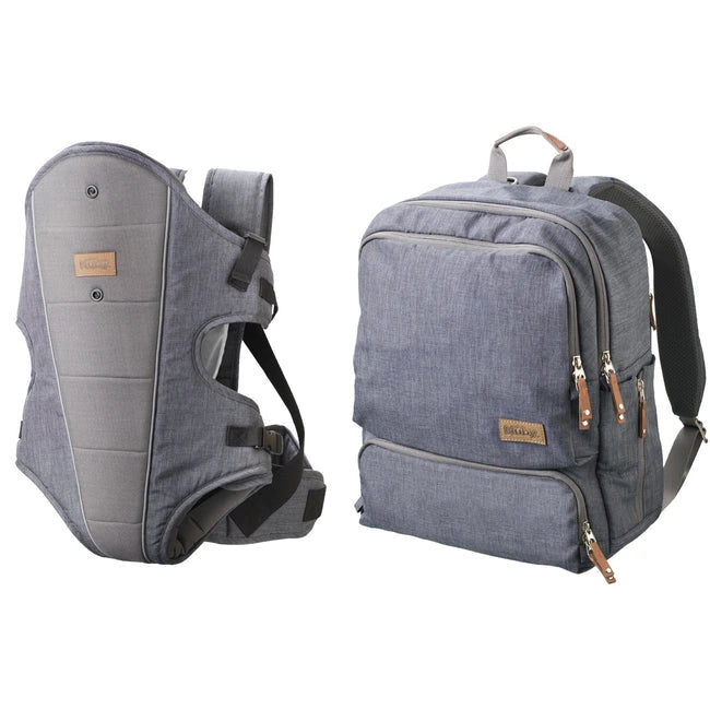 The Out & About Baby Travel Bundle - Grey by Nuby UK features a gray fabric baby carrier and matching backpack with brown zipper pulls, displayed side by side as a stylish set against a white background.